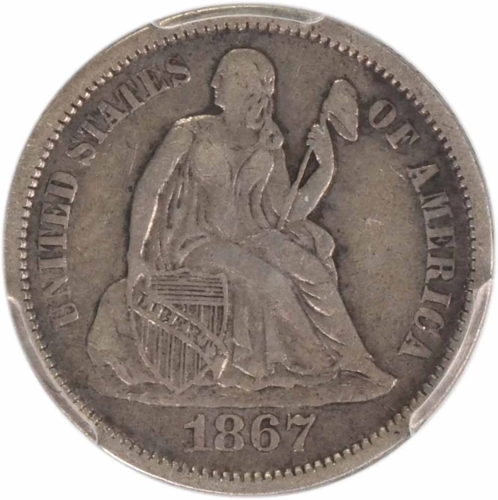 1867-S LIBERTY SEATED SILVER DIME: 1867-S Liberty Seated Silver Dime Year: 1867 Composition: 90% Silver, 10% Copper Denomination: 10C Country of Origin: United States Accessories: None Accessories Notice: When purchasing pre-owned