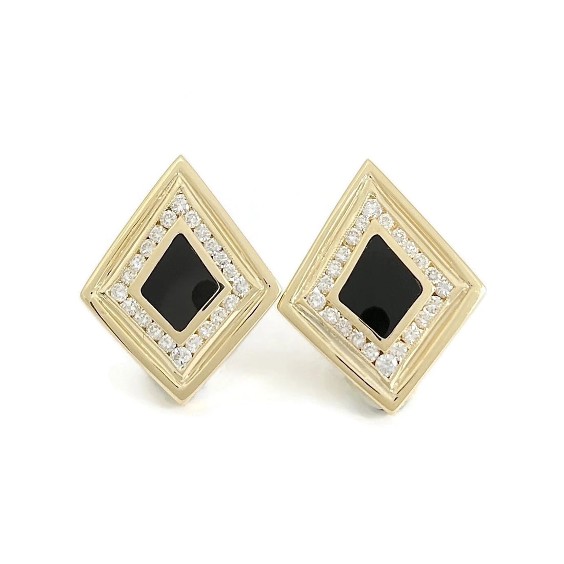 GEOMETRIC BLACK ONYX EARRINGS 14K YELLOW GOLD: Geometric Black Onyx Earrings 14K Yellow Gold Brand: Unbranded Type/Style: Earrings Material: 14K Yellow Gold, Main Stone Natural Color: Gold Size: Length: 1 inchWidth: 20 mm Accessories: None