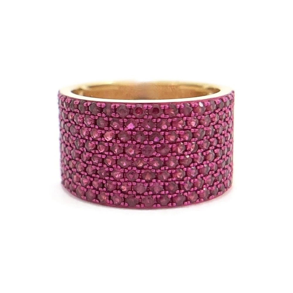 WIDE PAVE RUBY GEMSTONE BAND RING 14K YELLOW GOLD: Wide Pave Ruby Gemstone Band Ring 14K Yellow Gold Brand: Unbranded Type/Style: Ring Material: 14K Yellow Gold, Main Stone Natural Color: Pink Size: 6.75 US Accessories: None Accessories No