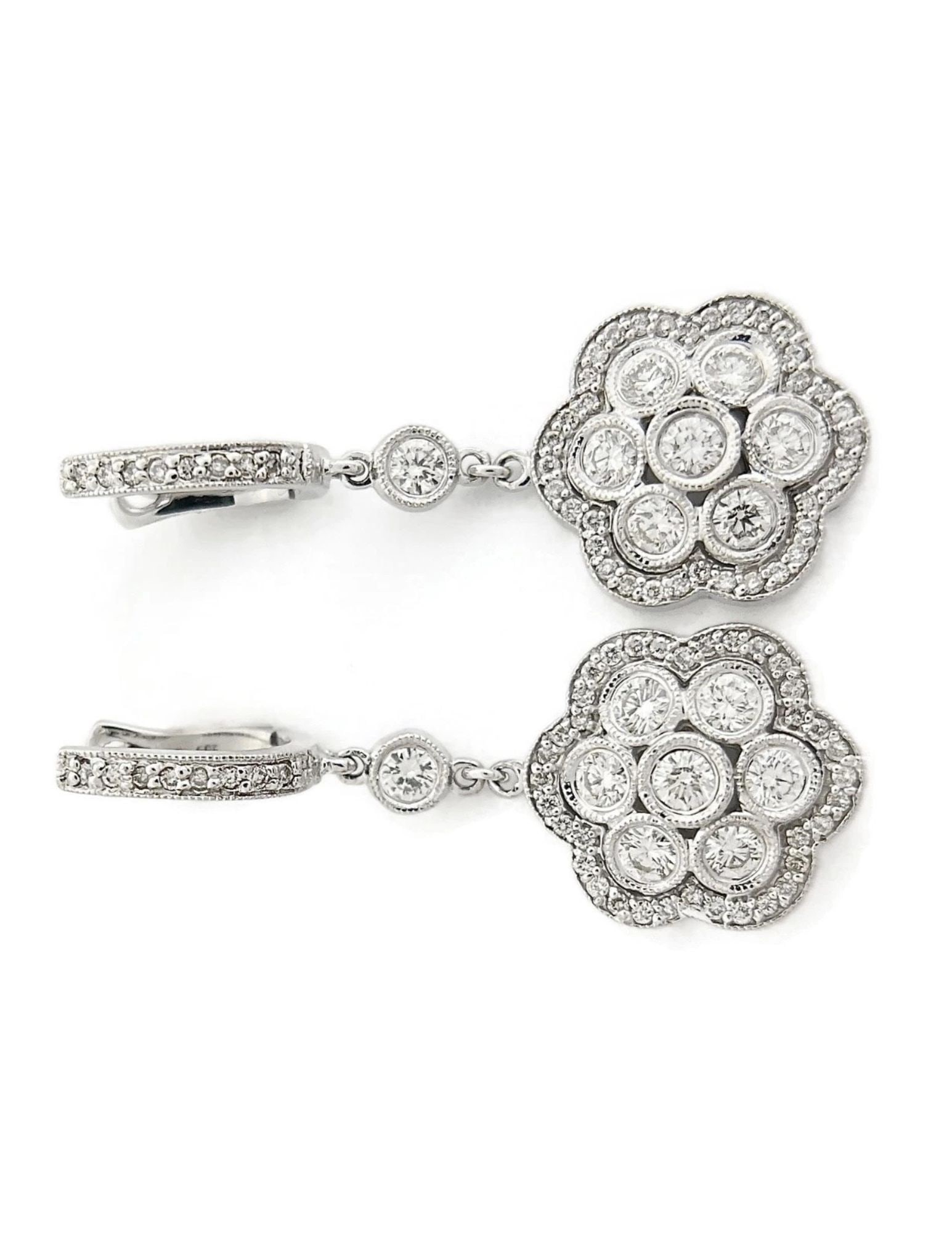 CLUSTER BEZEL DIAMOND FLOWER DANGLE DROP EARRINGS - 2