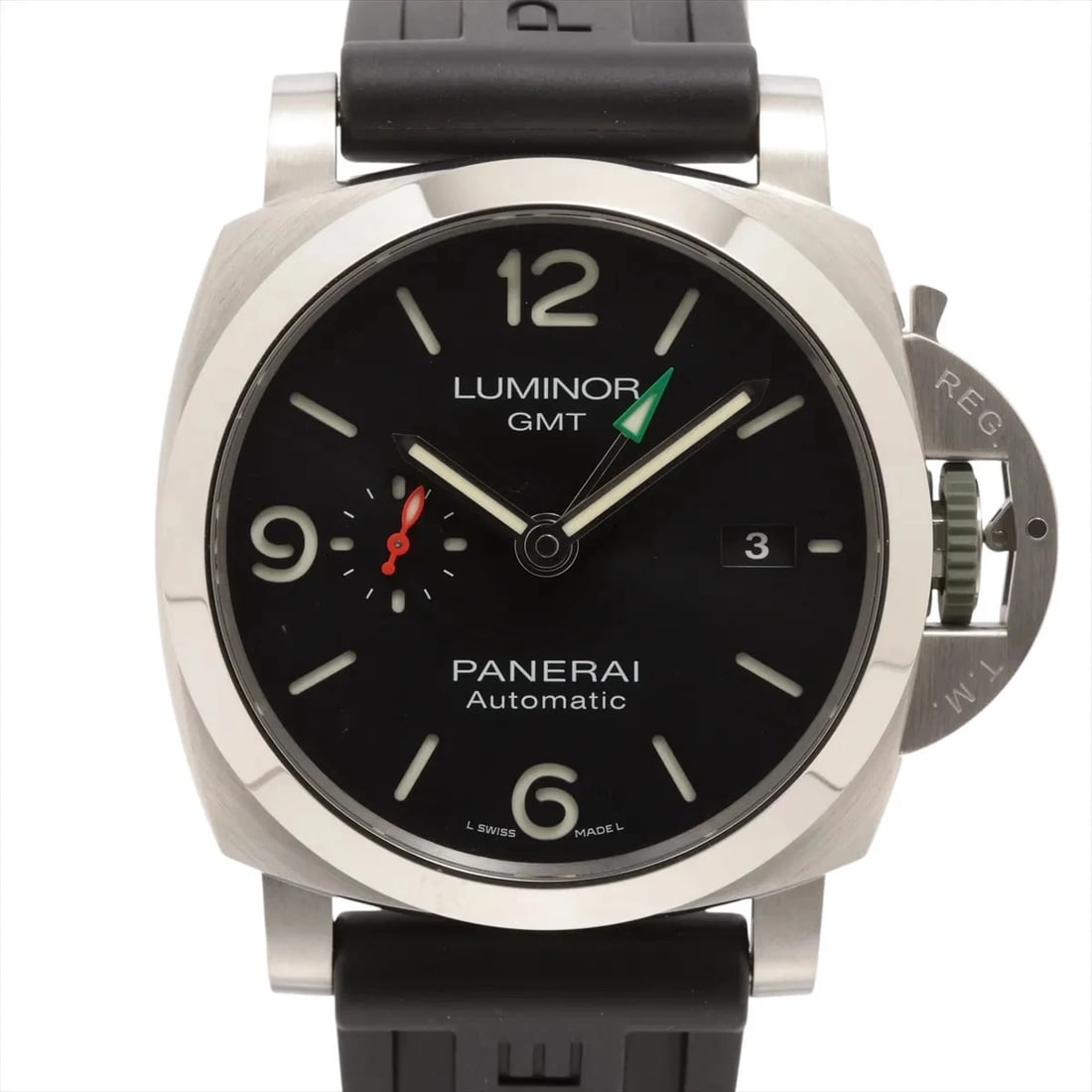 PANERAI LUMINOR GMT SPIRIT SS & RUBBER AT BLACK DIAL WATCH: Panerai Luminor Gmt Spirit Ss & Rubber At Black Dial Watch Brand: Panerai Type/Style: Wristwatch Material: SS & Rubber Color: Dial Color Black Size: Case:W1.6 x H1.6inch / W43 x H43 Circumference of W