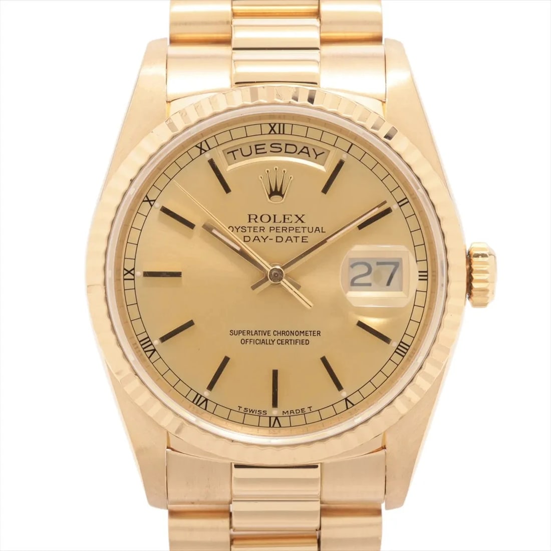 ROLEX DAY-DATE YG AT CHAMPAGNE WATCH: Rolex Day-Date Yg At Champagne Watch Brand: Rolex Type/Style: Wristwatch Material: YG Color: Dial Color Champagne Size: Case:W1.2 x H1.2inch / W36 x H36 Circumference of Wrist:7.5inch / 19 Accesso