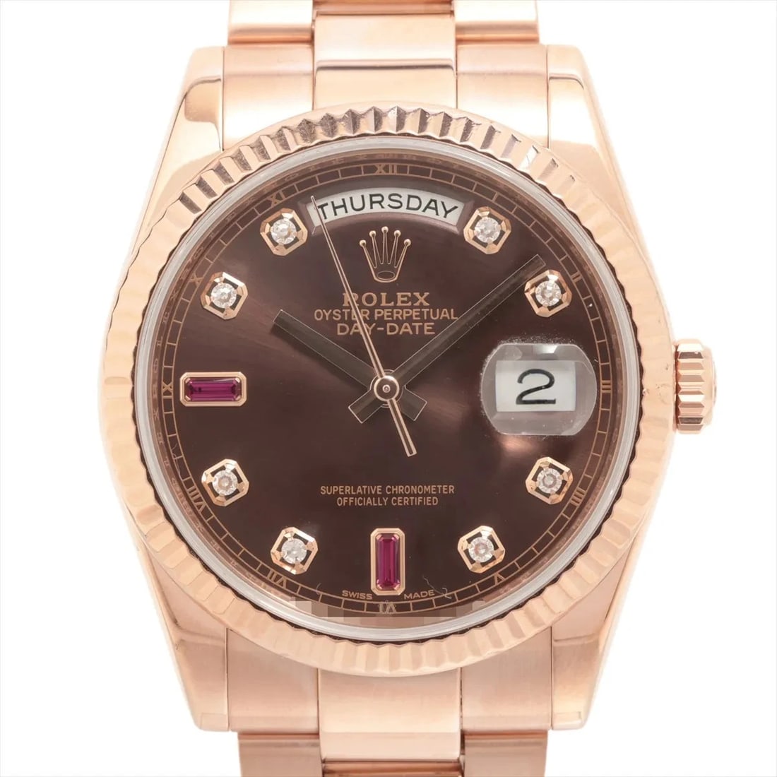 ROLEX DAY-DATE PG AT CHOCOLATE WATCH: Rolex Day-Date Pg At Chocolate Watch Brand: Rolex Type/Style: Wristwatch Material: PG Color: Dial Color Chocolate Size: Case:W1.2 x H1.2inch / W36 x H36 Circumference of Wrist:6.7inch / 17 Accesso