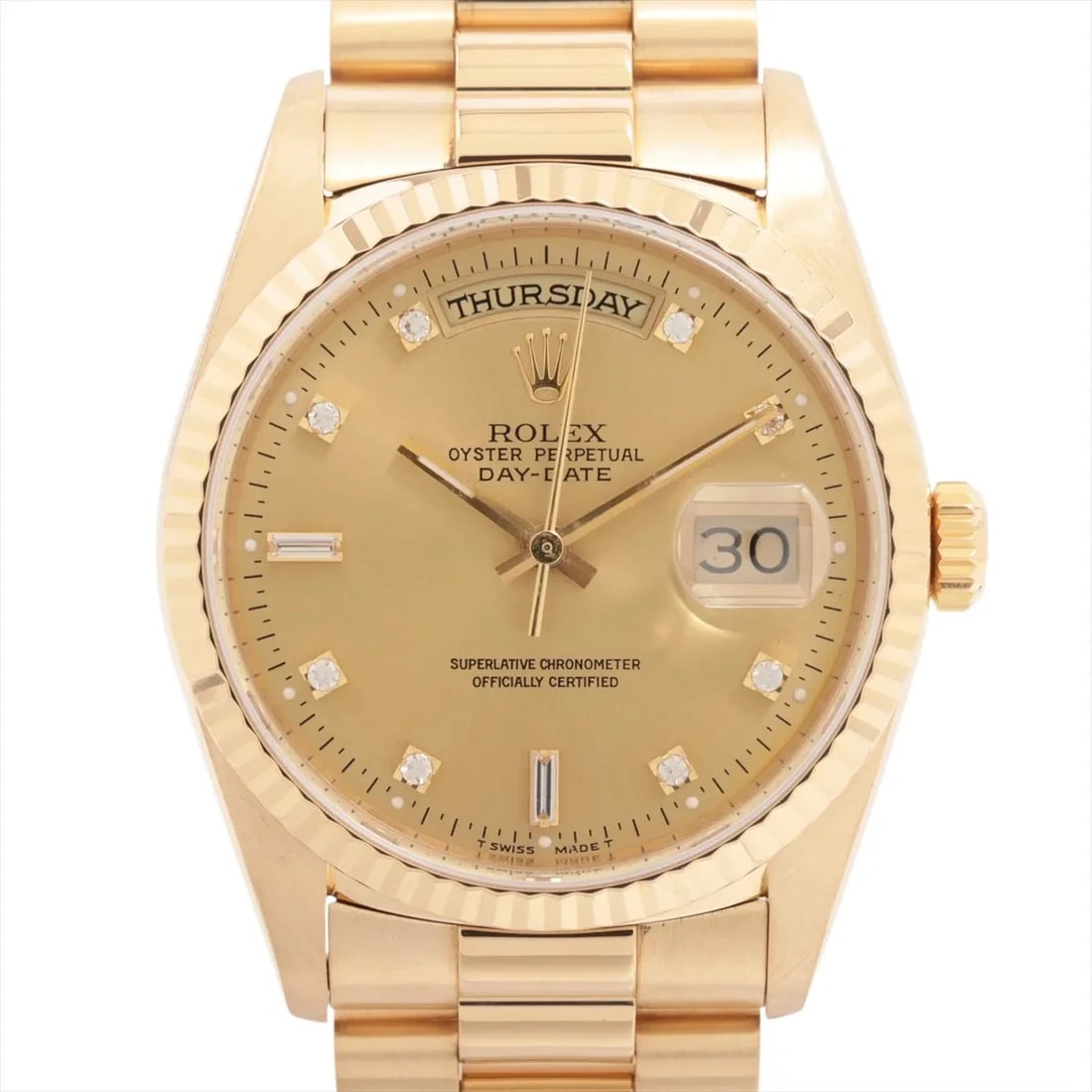 ROLEX DAY-DATE YG AT CHAMPAGNE WATCH: Rolex Day-Date Yg At Champagne Watch Brand: Rolex Type/Style: Wristwatch Material: YG Color: Dial Color Champagne Size: Case:W1.2 x H1.2inch / W36 x H36 Circumference of Wrist:6.9inch / 17.5 Acces