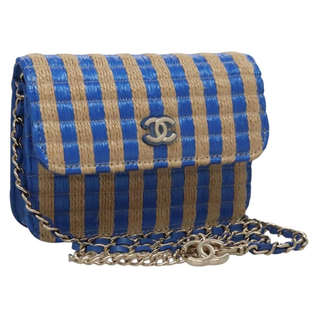 CHANEL CHAIN SHOULDER BAG RAFFIA BLUE: CHANEL Chain Shoulder Bag Raffia Blue Brand: CHANEL Type/Style: Shoulder Bag Material: Canvas Color: Blue Size: W4.7 x H3.5 x D1.0inch(Approx) Accessories: None Accessories Notice: When pu