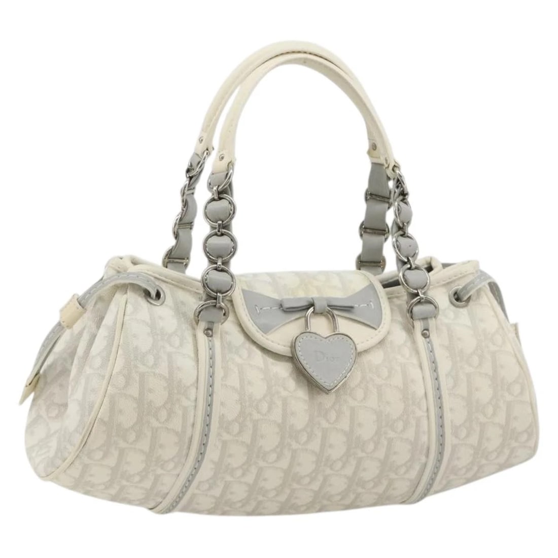 CHRISTIAN DIOR TROTTER CANVAS ROMANTIC CHAIN BAG: Christian Dior Trotter Canvas Romantic Chain Bag Brand: Christian Dior Type/Style: Hand Bag Material: PVC Leather/Trotter Canvas Color: White/Silver Size: W12.6 x H5.5 x D3.9inch(Approx) Accessori