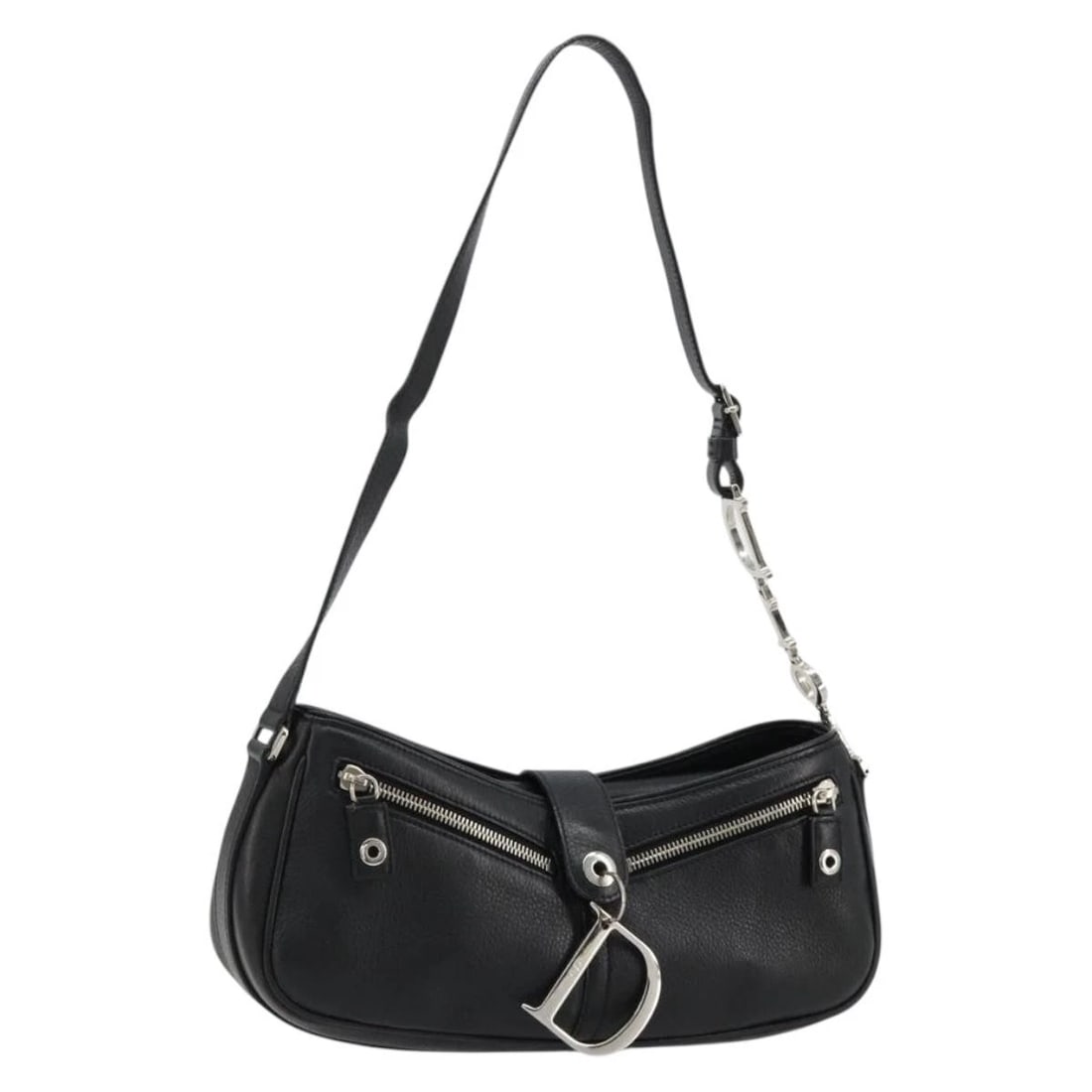 CHRISTIAN DIOR SHOULDER BAG LEATHER BLACK SILVER (1 of 4)