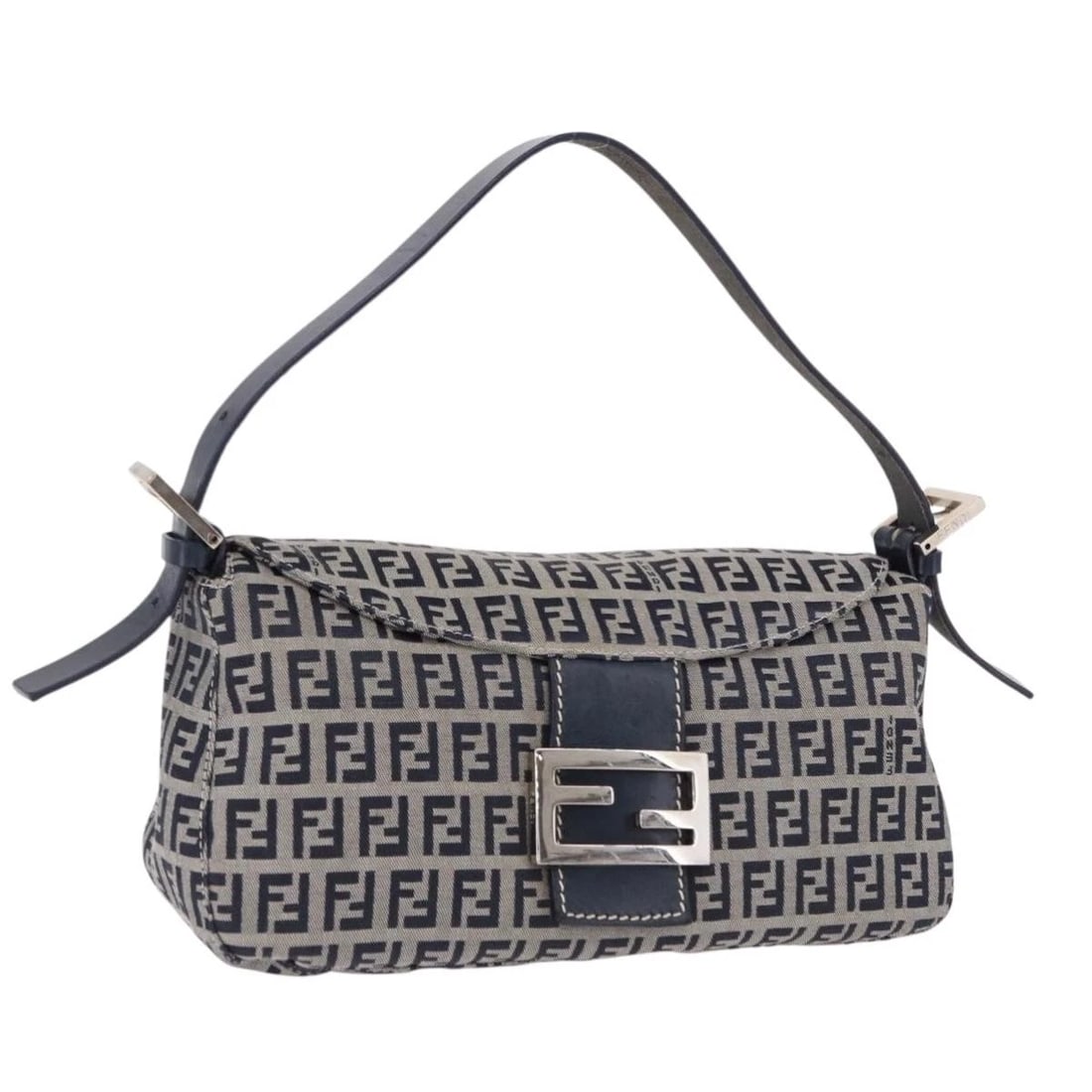 FENDI ZUCCHINO CANVAS MAMMA BAGUETTE SHOULDER BAG: FENDI Zucchino Canvas Mamma Baguette Shoulder Bag Brand: FENDI Type/Style: Shoulder Bag Material: Zucchino Canvas Color: Navy/Silver Size: W10.2 x H6.3 x D3.1inch(Approx) Accessories: None
