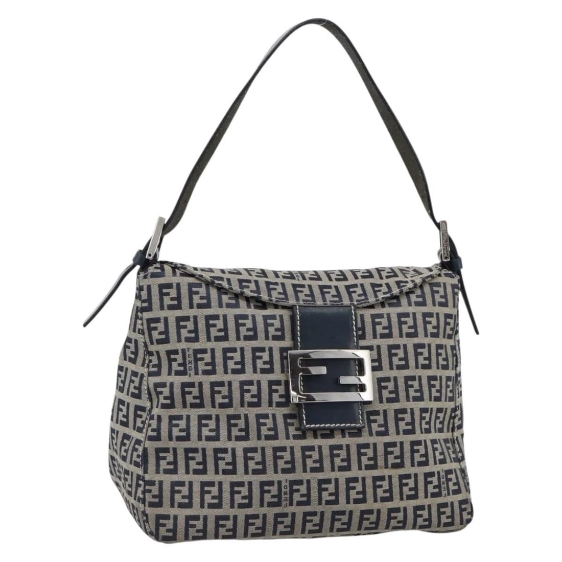 FENDI MAMMA BAGUETTE ZUCCHINO CANVAS SHOULDER BAG: FENDI Mamma Baguette Zucchino Canvas Shoulder Bag Brand: FENDI Type/Style: Shoulder Bag Material: Canvas/Zucchino Canvas Color: Navy/Silver Size: W9.1 x H9.4 x D4.3inch(Approx) Accessories: None <