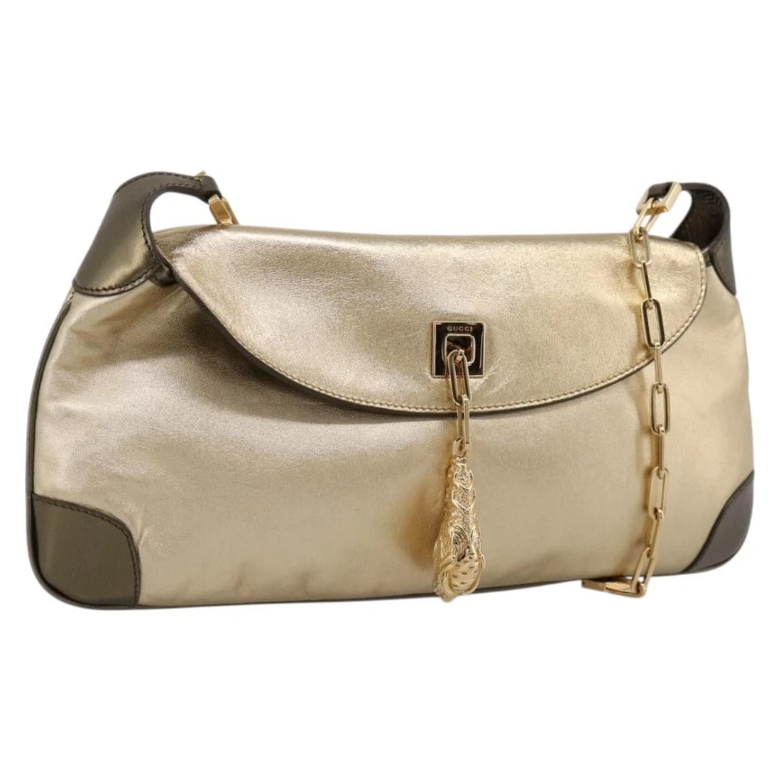 GUCCI ANIMALIER TIGER HEAD CHAIN BAG LEATHER GOLD: GUCCI Animalier Tiger Head Chain Bag Leather Gold Brand: GUCCI Type/Style: Shoulder Bag Material: Leather Color: Gold Size: W13.0 x H5.9inch(Approx) Accessories: None Accessories Notice: W