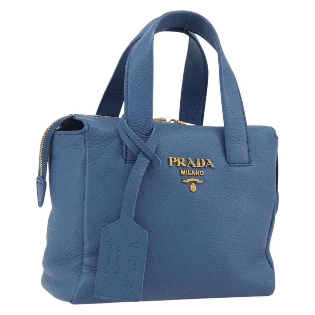 PRADA HAND BAG LEATHER BLUE GOLD: PRADA Hand Bag Leather Blue Gold Brand: PRADA Type/Style: Hand Bag Material: Leather Color: Blue/Gold Size: W9.4 x H9.1 x D4.3inch(Approx) Accessories: None Accessories Notice: When purcha