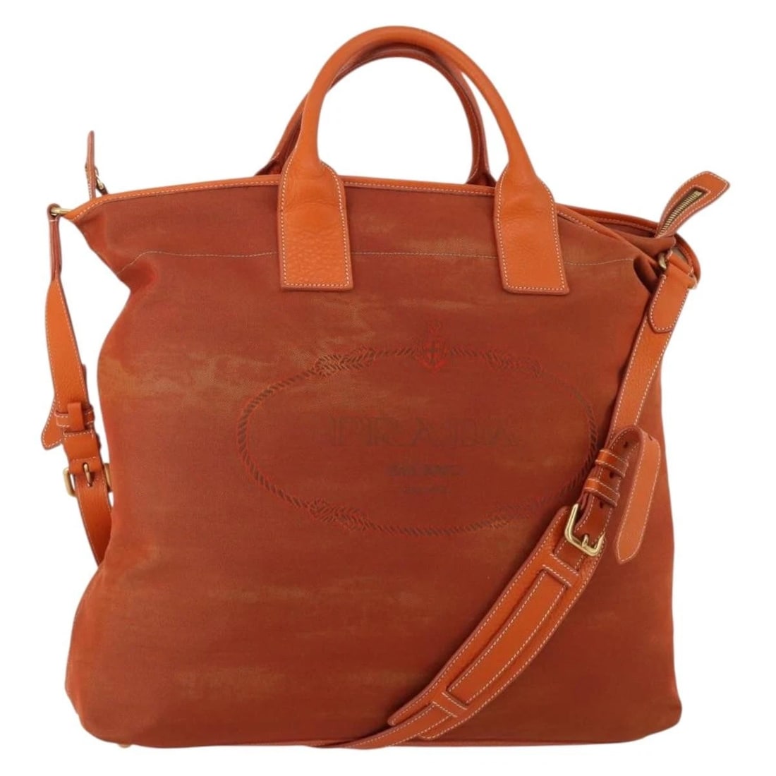 PRADA HAND BAG CANVAS 2WAY ORANGE GOLD: PRADA Hand Bag Canvas 2way Orange Gold Brand: PRADA Type/Style: Hand Bag Material: Canvas Color: Orange/Gold Size: W17.3 x H16.5 x D5.5inch(Approx) Accessories: None Accessories Notice: Wh