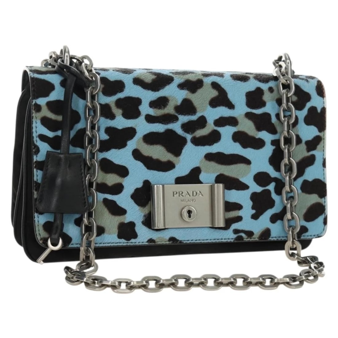 PRADA CHAIN SHOULDER BAG UNBORN CALF SKIN LIGHT BLUE: PRADA Chain Shoulder Bag Unborn Calf Skin Light Blue Brand: PRADA Type/Style: Shoulder Bag Material: Unborn Calf Skin Color: Light Blue/Silver Size: W9.4 x H5.5 x D2.0inch(Approx) Accessories: Non