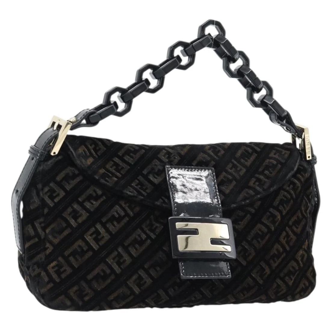 FENDI ZUCCHINO CANVAS CHAIN MAMMA BAGUETTE BAG: FENDI Zucchino Canvas Chain Mamma Baguette Bag Brand: FENDI Type/Style: Shoulder Bag Material: Velor/Zucchino Canvas Color: Black/Gold Size: W9.8 x H5.9 x D3.5inch(Approx) Accessories: None