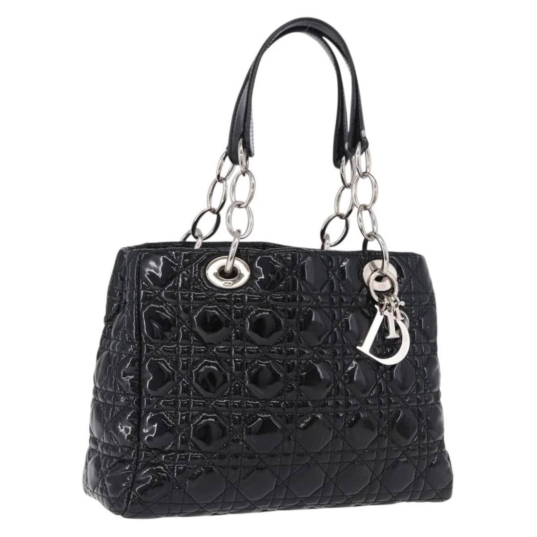 CHRISTIAN DIOR LADY DIOR CHAIN BAG PATENT LEATHER BLACK: Christian Dior Lady Dior Chain Bag Patent Leather Black Brand: Christian Dior Type/Style: Tote Bag Material: Patent Leather Color: Black/Silver Size: W11.0 x H8.3 x D3.9inch(Approx) Accessories: N
