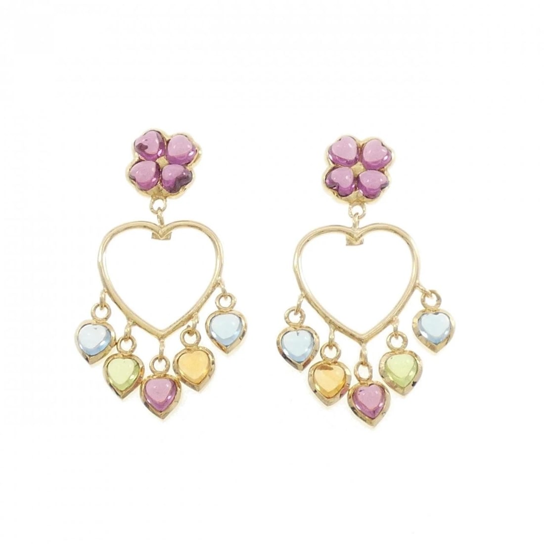 18K YELLOW GOLD FLOWER X HEART COLORED STONE PIERCING: 18K Yellow Gold Flower x Heart Colored Stone Piercing Brand: Unbranded Type/Style: Garnet Pierce/Earring Material: K18YG, Color: YG Size: Actual Size Approximate dimensions (height x width): 34.2mm x