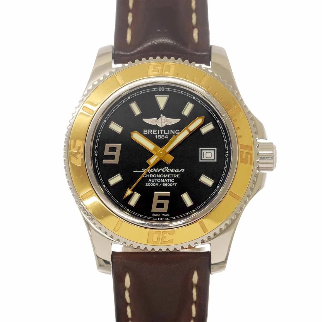 BREITLING SUPER OCEN 44 PG BLACK DIAL AUTOMATIC WATCH: BREITLING Super Ocen 44 PG Black Dial Automatic Watch Brand: BREITLING Type/Style: Wristwatch Material: Stainless steel,Pink Gold,Leather Color: Dial color Black Size: CaseSize Length 52mm(included