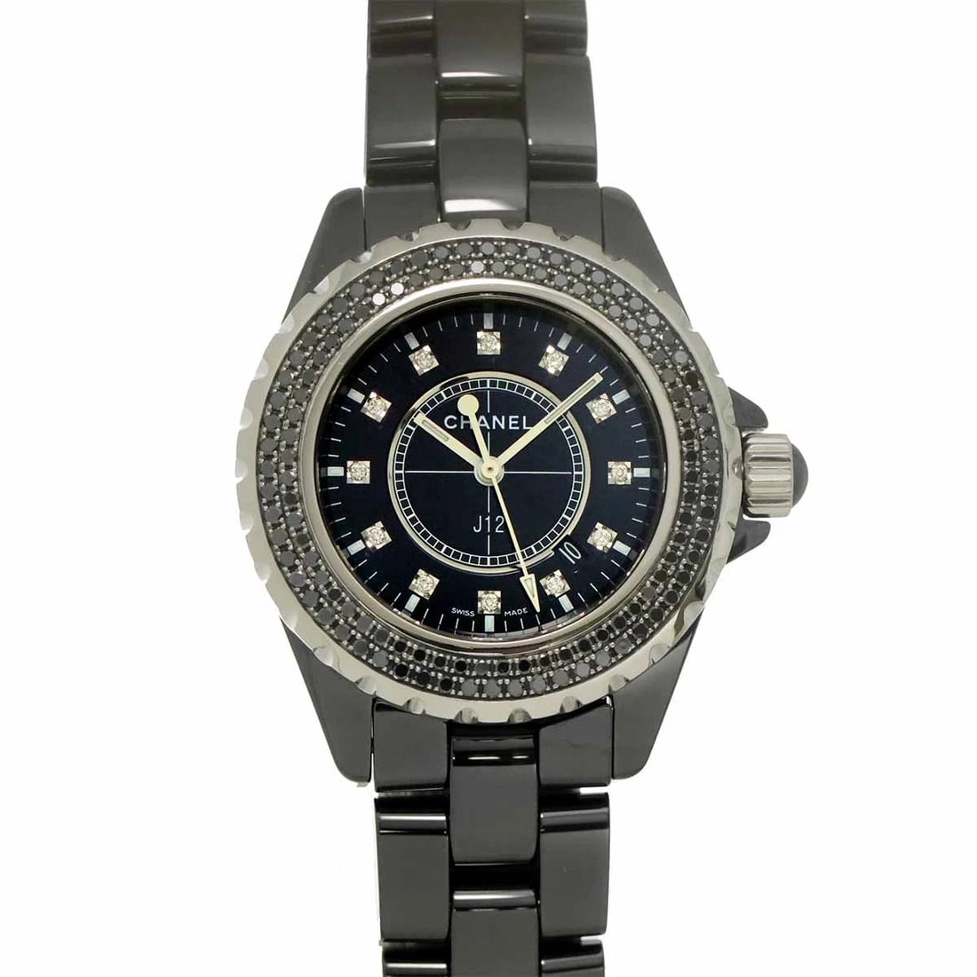 CHANEL J12 BLACK DIAMOND BEZEL QUARTZ BLACK DIAL WATCH: CHANEL J12 Black Diamond Bezel Quartz Black Dial Watch Brand: CHANEL Type/Style: Wristwatch Material: Stainless steel,Ceramic Color: Dial color Black Size: CaseSize Length 40mm(included lag) CaseSize