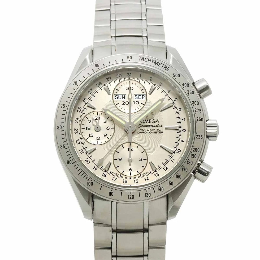 OMEGA SPEEDMASTER 30 TRIPLE CALENDAR CHRONOGRAPH SILVER DIAL WATCH: OMEGA Speedmaster 30 Triple calendar Chronograph Silver Dial Watch Brand: OMEGA Type/Style: Wristwatch Material: Stainless steel Color: Dial color Silver Size: CaseSize Length 45mm(included lag)