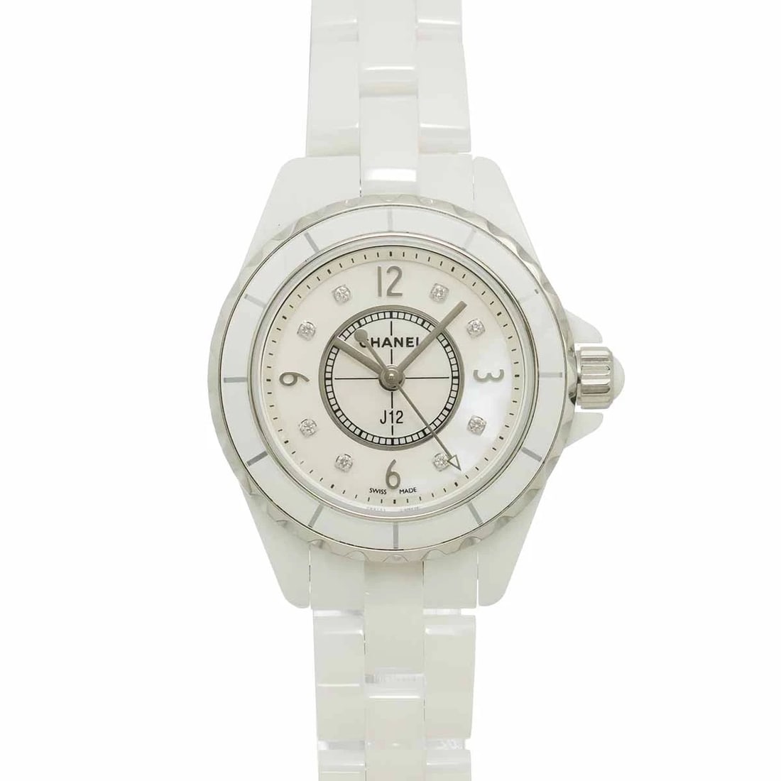 CHANEL J12 DIAMOND QUARTZ WHITE SHELL DIAL WATCH: CHANEL J12 Diamond Quartz White Shell Dial Watch Brand: CHANEL Type/Style: Wristwatch Material: Ceramic,Stainless steel Color: Dial color White Shell Size: CaseSize Length 35mm(included lag) CaseSize