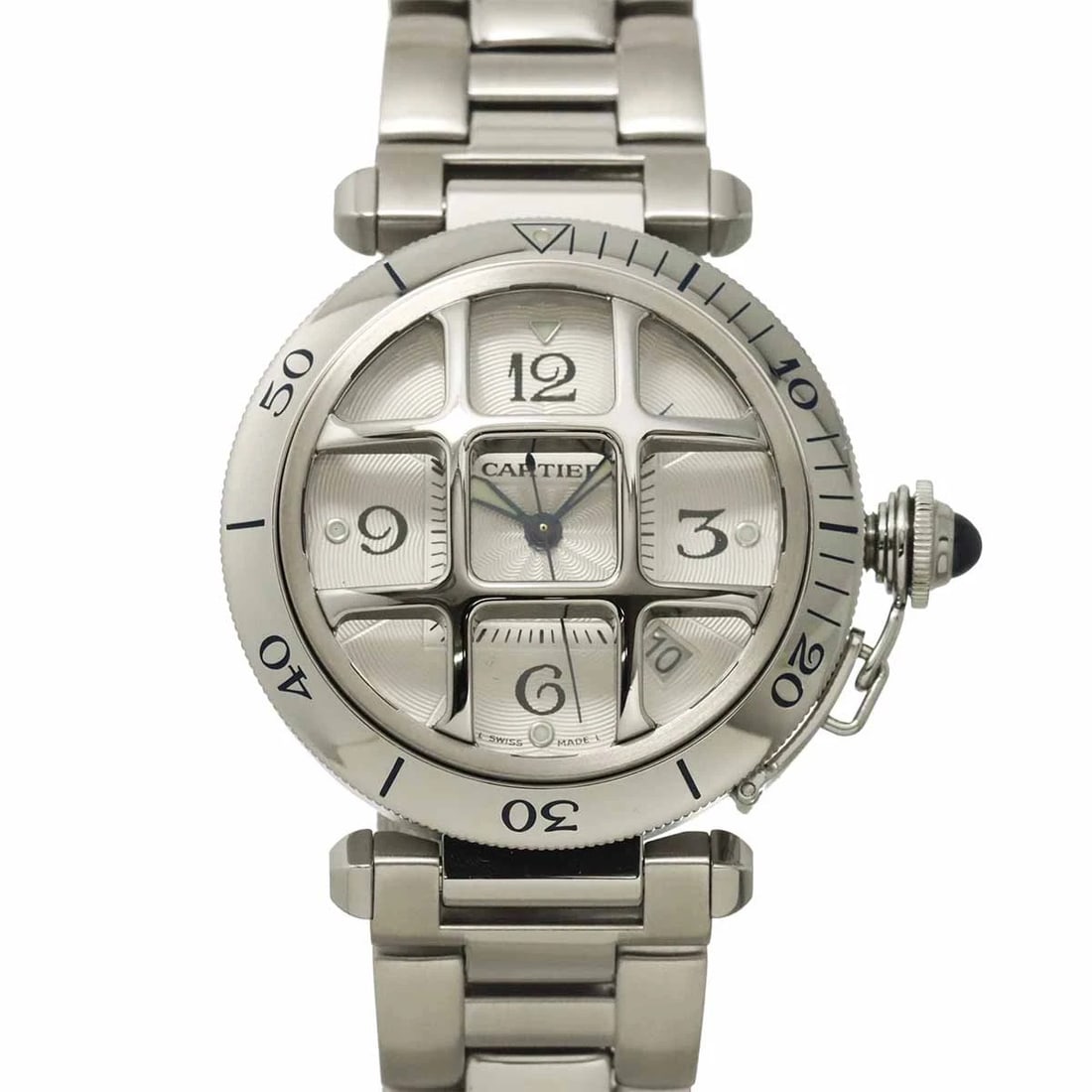 CARTIER PASHA GRID DATE AUTOMATIC SILVER DIAL WATCH: Cartier Pasha Grid Date Automatic Silver Dial Watch Brand: Cartier Type/Style: Wristwatch Material: Stainless steel Color: Dial color Silver Size: CaseSize Length 44mm(included lag) CaseSize Width