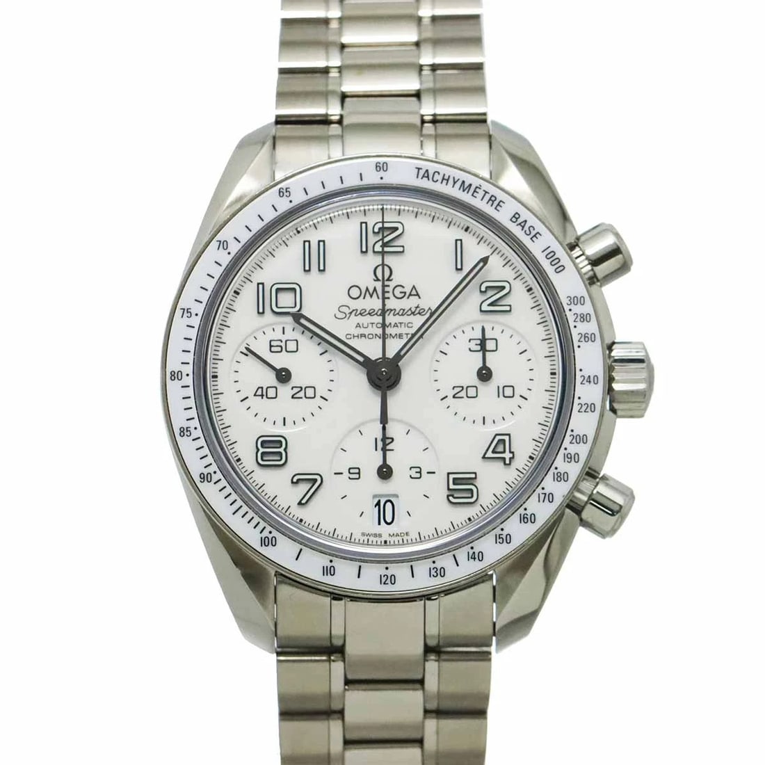 OMEGA SPEEDMASTER DATE AUTOMATIC WHITE DIAL WATCH: OMEGA Speedmaster Date Automatic White Dial Watch Brand: OMEGA Type/Style: Wristwatch Material: Stainless steel Color: Dial color White Size: CaseSize Length 45mm(included lag) CaseSize Width 38mm(not