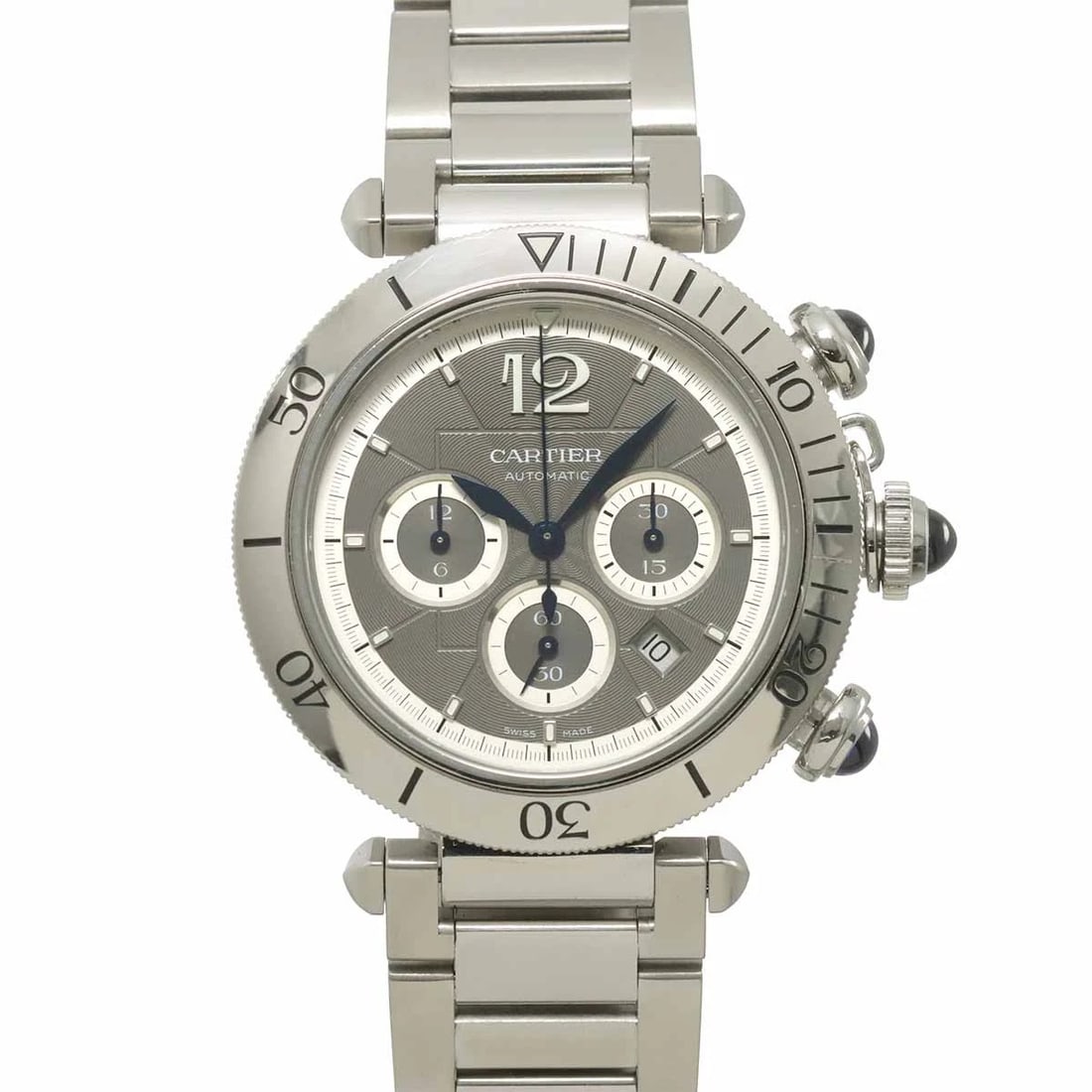 CARTIER PASHA DE CARTIER AUTOMATIC GRAY DIAL WATCH: Cartier Pasha de Cartier Automatic Gray Dial Watch Brand: Cartier Type/Style: Wristwatch Material: Stainless steel Color: Dial color Gray Size: CaseSize Length 48mm(included lag) CaseSize Width 41mm(n