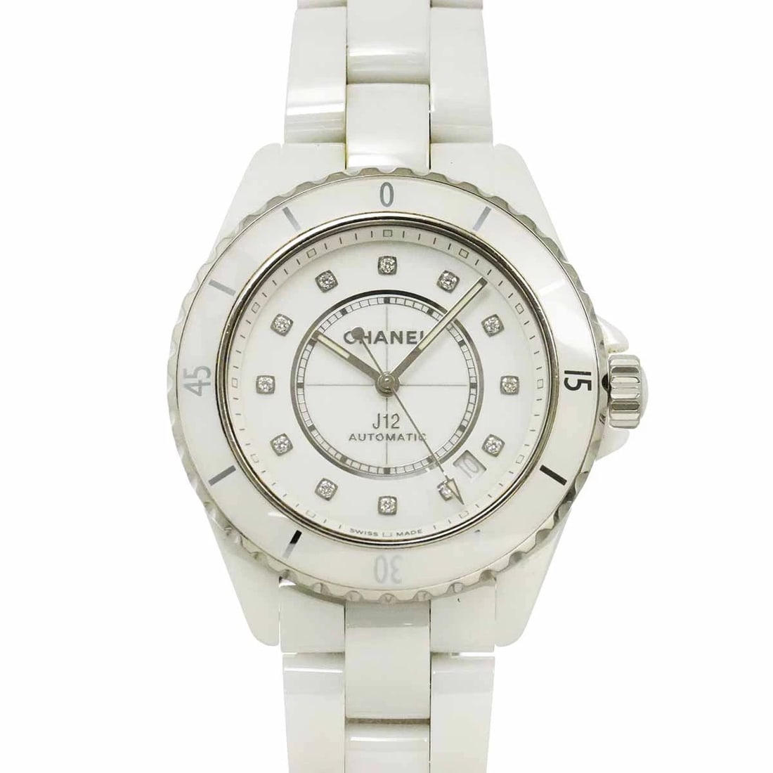 CHANEL J12 DATE AUTOMATIC DIAMOND WHITE DIAL WATCH: CHANEL J12 Date Automatic Diamond White Dial Watch Brand: CHANEL Type/Style: Wristwatch Material: Stainless steel,Ceramic Color: Dial color White Size: CaseSize Length 45mm(included lag) CaseSize Widt