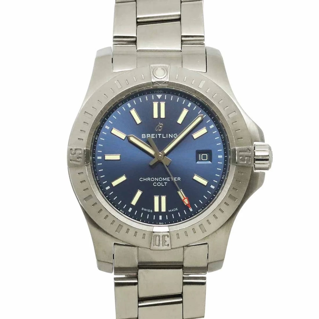 BREITLING COLT AUTOMATIC BLUE DIAL WATCH: BREITLING Colt Automatic Blue Dial Watch Brand: BREITLING Type/Style: Wristwatch Material: Stainless steel Color: Dial color Blue Size: CaseSize Length 53mm(included lag) CaseSize Width 44mm(not inclu