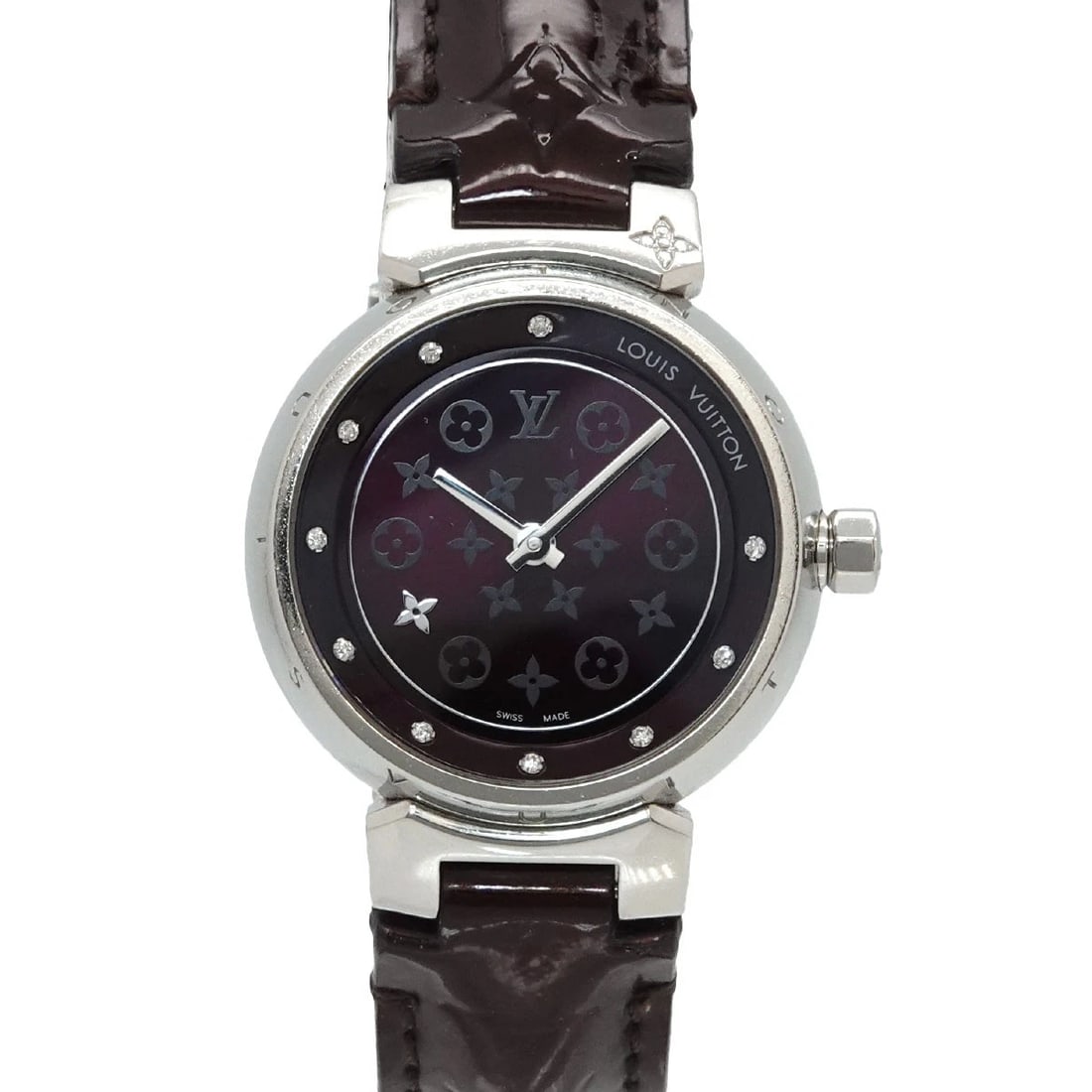 LOUIS VUITTON TAMBOUR DISC DEARMON PM DIAMOND QUARTZ WATCH: LOUIS VUITTON Tambour Disc Dearmon PM Diamond Quartz Watch Brand: Louis Vuitton Type/Style: Wristwatch Material: Stailess steel,vernis leather Color: Dial color none Size: CaseSize Length 35mm(include