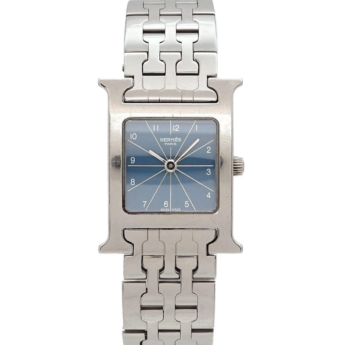 HERMES H WATCH QUARTZ BLUE DIAL WATCH: HERMES H Watch Quartz Blue Dial Watch Brand: HERMES Type/Style: Wristwatch Material: Stainless steel Color: Dial color Blue Size: CaseSize Length 30mm(included lag) CaseSize Width 21mm(not included