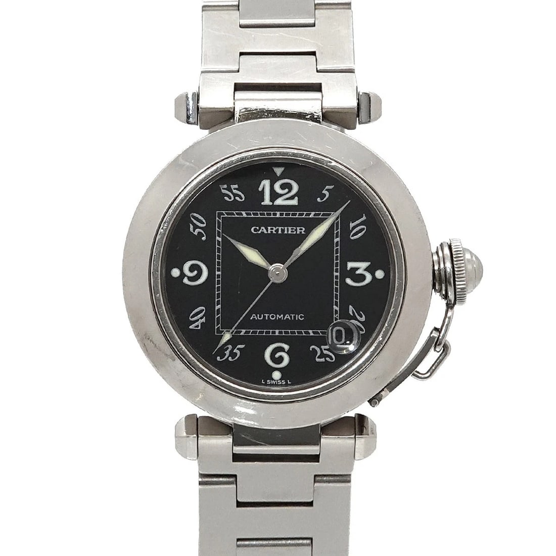 CARTIER PASHA AUTOMATIC DATE BLACK DIAL WATCH: Cartier Pasha Automatic Date Black Dial Watch Brand: Cartier Type/Style: Wristwatch Material: Stainless steel Color: Dial color Black Size: CaseSize Length 42mm(included lag) CaseSize Width 35mm(not
