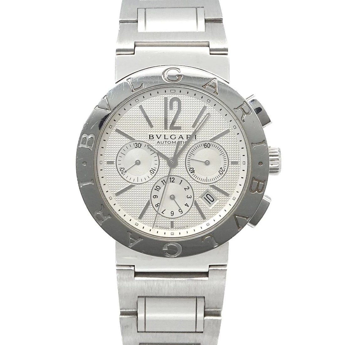 BVLGARI CHRONOGRAPH SILVER WATCH: BVLGARI Chronograph Silver Watch Brand: BVLGARI Type/Style: Wristwatch Material: Stainless steel Color: Dial color Silver Size: CaseSize Length 50mm(included lag) CaseSize Width 42mm(not included