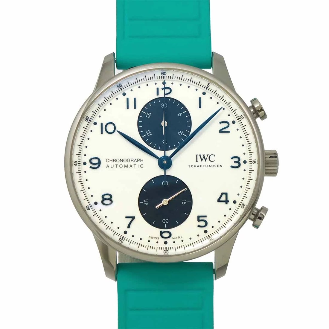 IWC PORTUGIESER CHRONOGRAPH AUTOMATIC WHITE DIAL WATCH: IWC Portugieser Chronograph Automatic White Dial Watch Brand: IWC Type/Style: Wristwatch Material: Stainless steel,Rubber Color: Dial color White Size: CaseSize Length 48mm(included lag) CaseSize Widt