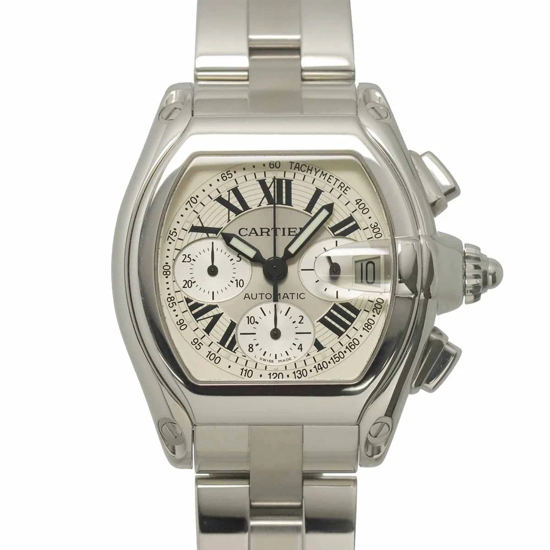 CARTIER ROADSTER CHRONOGRAPH DATE AUTOMATIC SILVER DIAL WATCH: Cartier Roadster Chronograph Date Automatic Silver Dial Watch Brand: Cartier Type/Style: Wristwatch Material: Stainless steel Color: Dial color Silver Size: CaseSize Length 47mm(included lag)