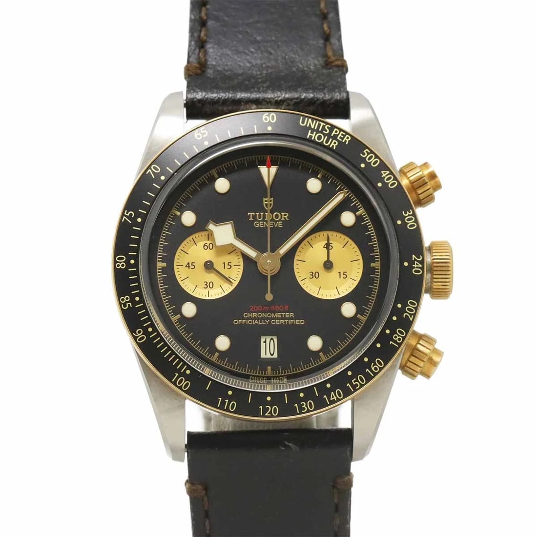 TUDOR HERITAGE BLACK BAY YG CHRONOGRAPH AUTOMATIC DATE WATCH: TUDOR Heritage Black Bay YG Chronograph Automatic Date Watch Brand: TUDOR Type/Style: Wristwatch Material: Stainless steel,Yellow Gold,Leather Color: Dial color Black Size: CaseSize Length