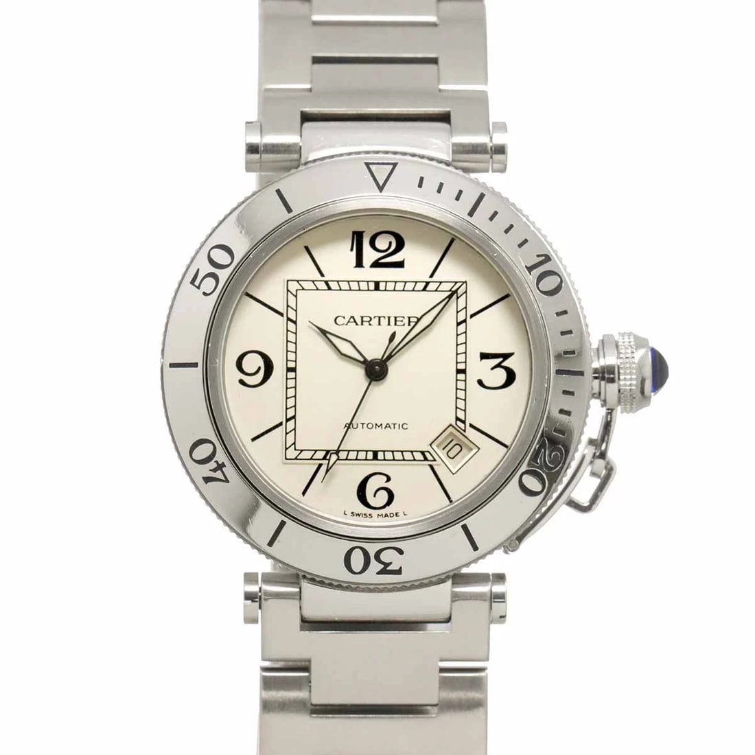 CARTIER PASHA SEATIMER AUTOMATIC DATE SILVER DIAL WATCH: Cartier Pasha Seatimer Automatic Date Silver Dial Watch Brand: Cartier Type/Style: Wristwatch Material: Stainless steel Color: Dial color Silver Size: CaseSize Length 47mm(included lag) CaseSize