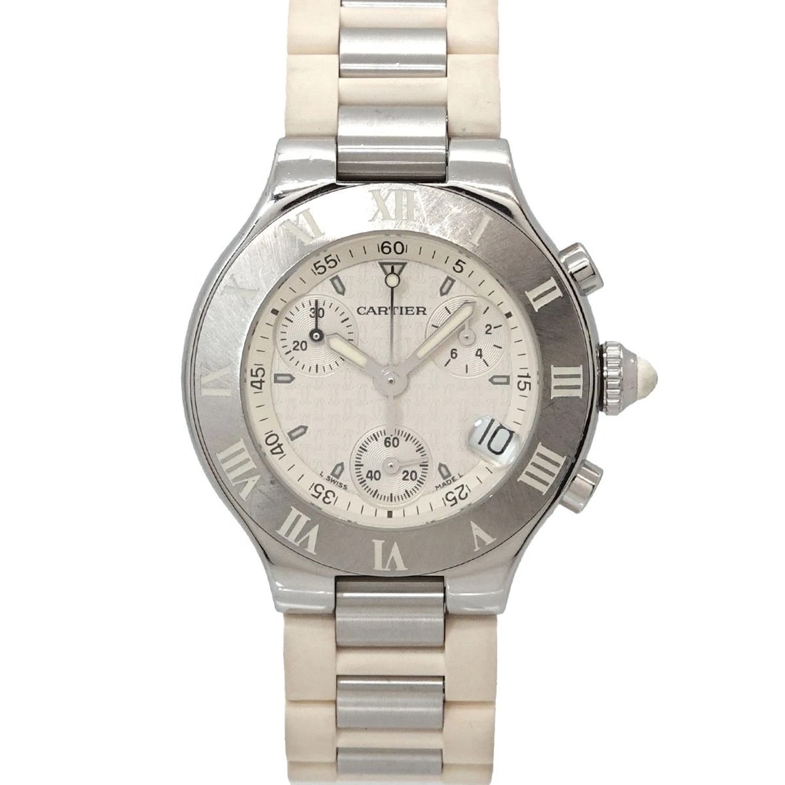 CARTIER MUST 21 CHRONOSCAPH QUARTZ WHITE DIAL WATCH: Cartier Must 21 Chronoscaph Quartz White Dial Watch Brand: Cartier Type/Style: Wristwatch Material: Stainless steel,Rubber Color: Dial color White Size: CaseSize Length 36mm(included lag) CaseSize