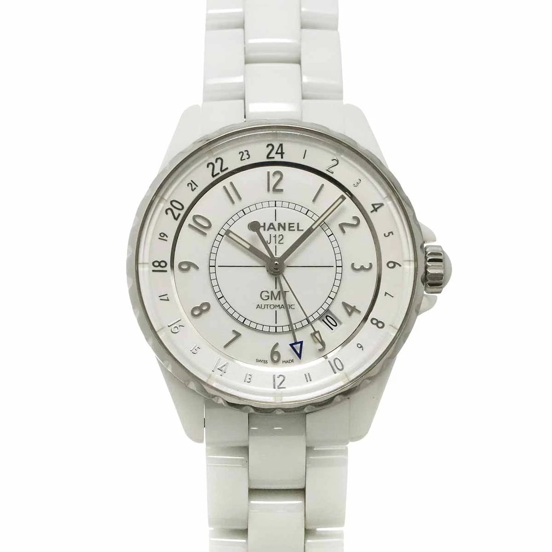 CHANEL J12 GMT DATE AUTOMATIC WHITE DIAL WATCH: CHANEL J12 GMT Date Automatic White Dial Watch Brand: CHANEL Type/Style: Wristwatch Material: Ceramic,Stainless steel Color: Dial color White Size: CaseSize Length 45mm(included lag) CaseSize Width 39