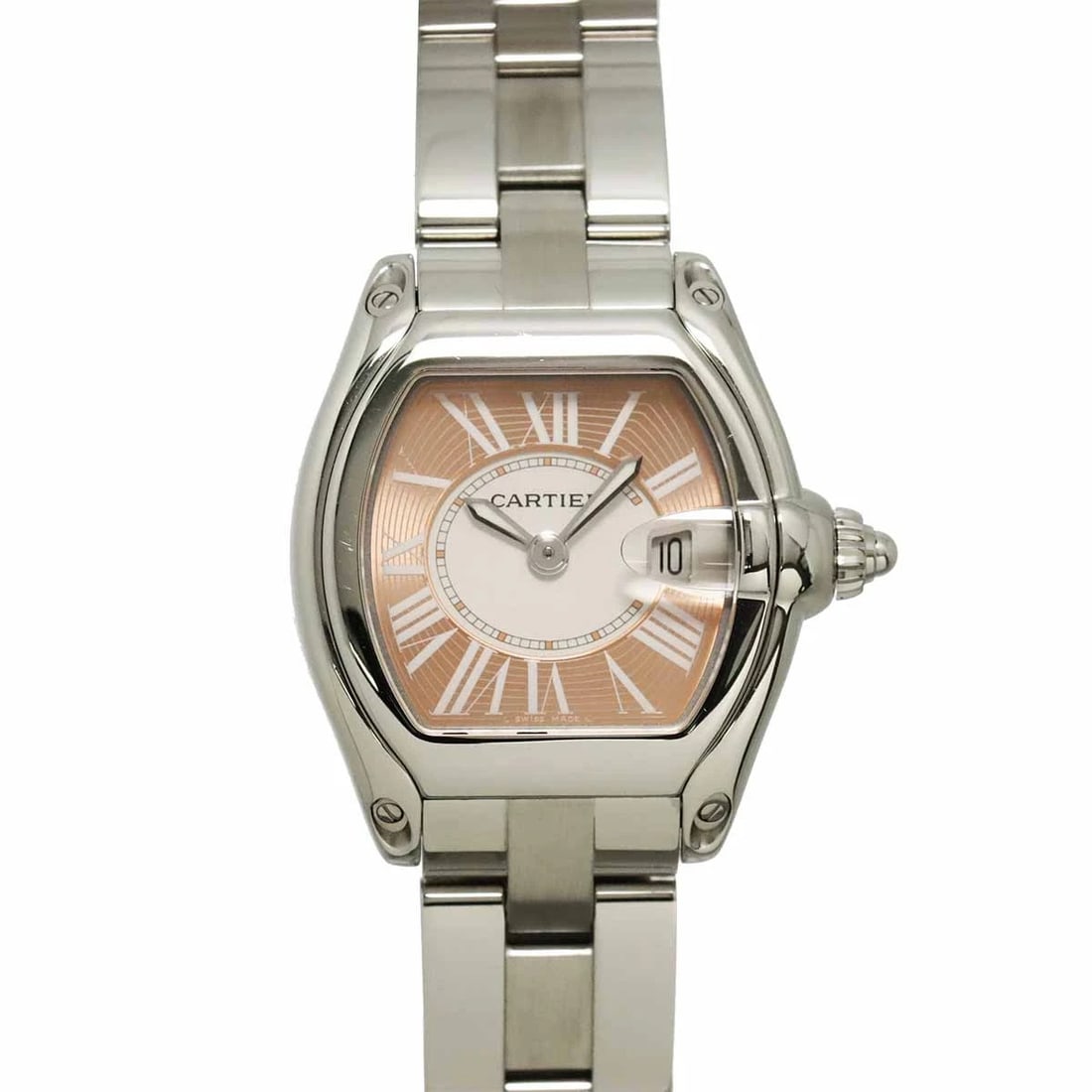 CARTIER ROADSTER DATE QUARTZ PINK DIAL WATCH: Cartier Roadster Date Quartz Pink Dial Watch Brand: Cartier Type/Style: Wristwatch Material: Stainless steel Color: Dial color Pink Size: CaseSize Length 37mm(ncluded lag) CaseSize Width 33mm(not