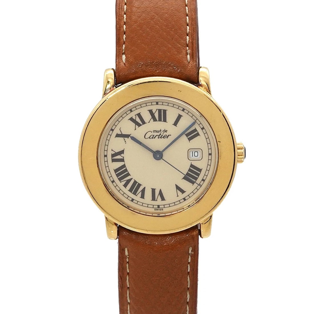CARTIER MUST RONDE DATE QUARTZ CREAM DIAL WATCH: Cartier Must Ronde Date Quartz cream Dial Watch Brand: Cartier Type/Style: Wristwatch Material: SV925,Leather Color: Dial color cream Size: CaseSize Length 36mm(included lag) CaseSize Width 32mm(not