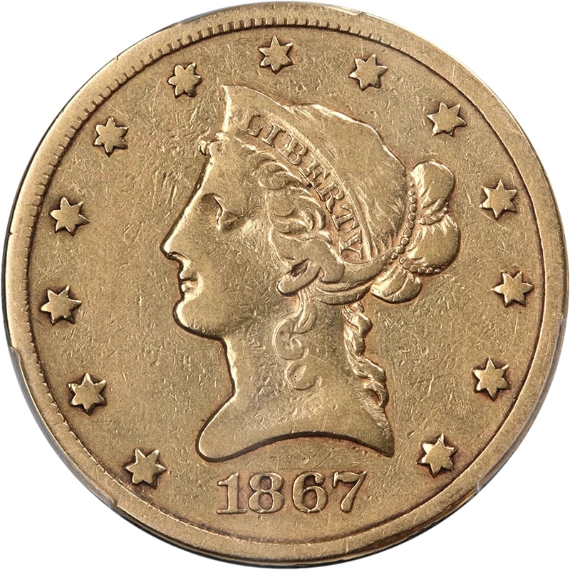 1867-S LIBERTY GOLD $10 DETAILS KEY DATE DECENT EYE: 1867-S Liberty Gold $10 Details Key Date Decent Eye Year: 1867 Composition: Gold Fineness: 0.9 Country of Origin: United States Accessories: None Accessories Notice: When purchasing pre-owned goods
