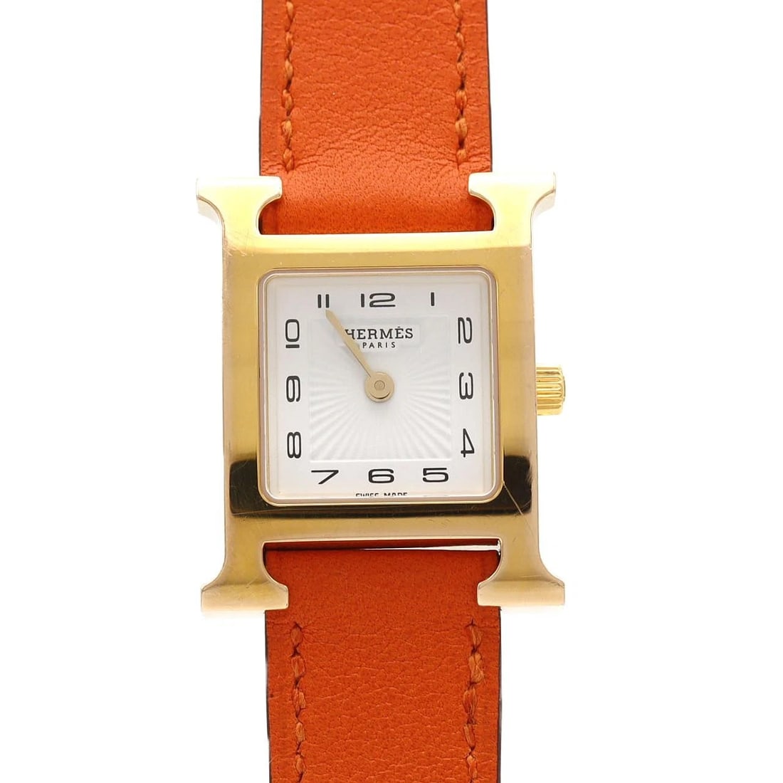 HERMES H WATCH GOLD PLATED GOLD PLATED QUARTZ WATCH: Hermes H Watch Gold Plated Gold Plated Quartz Watch Brand: HERMES Type/Style: Wrist watch Material: Case: Gold plated Bracelet: Strap Color: Dial Color: White/Arabic Band Color: Orange Size: Case diam
