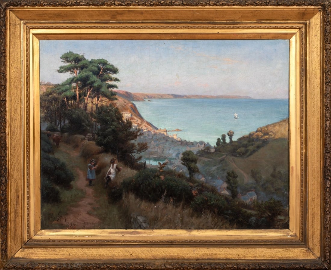 VIEW OF THE ROAD TO LOOE OIL PAINTING: Year: 19th century Size: 44'' by 36'' Medium: Oil Description: "Looe to Rame Head" is a large oil painting by the Newlyn School depicting the Rod to Looe, Cornwall, around 1910. Extensive view of two 