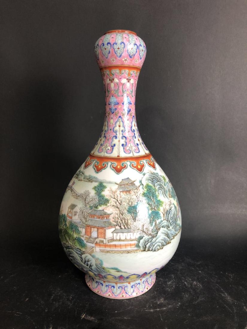 FAMILLE ROSE "LANDSCAPE" PORCELAIN GARLIC HEAD VASE (1 of 6)