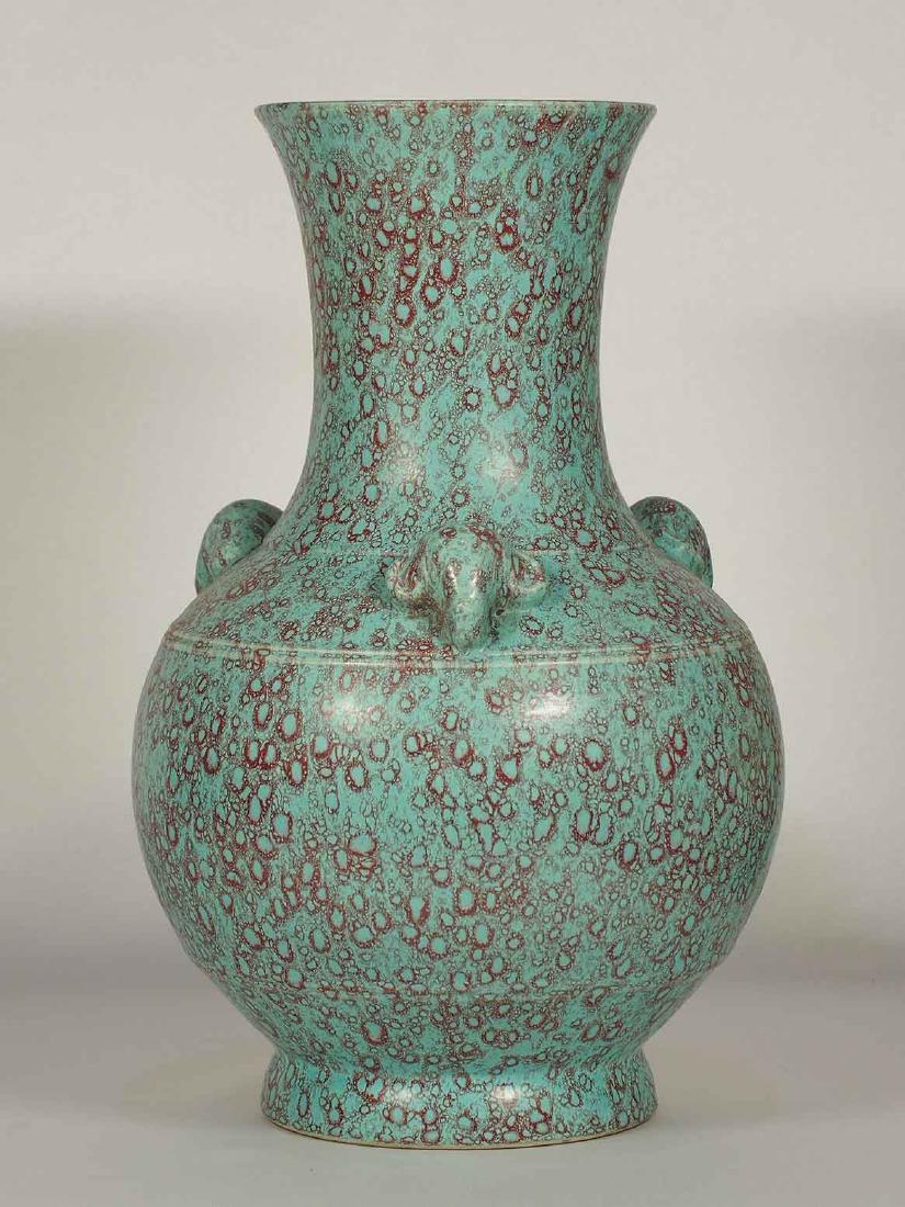 Robin Egg 'Hu' Vase with Ram-Heads, Qianlong Mark, late: Very fine and rare robin egg glaze 'Hu' vase with 3 moulded ram-heads on its shoulder. Height 305mm, 12"inch. 19th century.