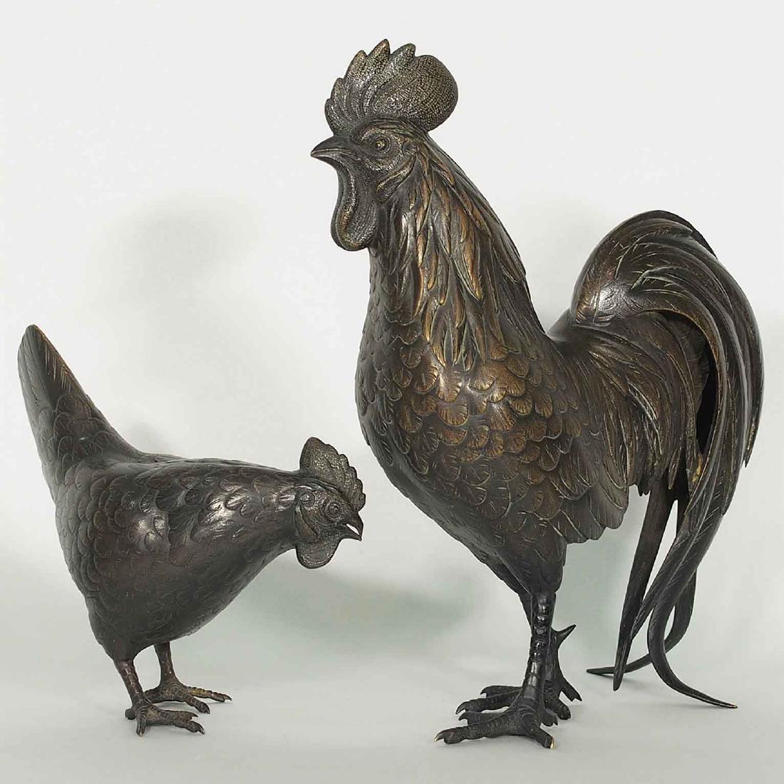 Rooster and Hen Bronze, Artist Mark, Meiji Period (1 of 14)