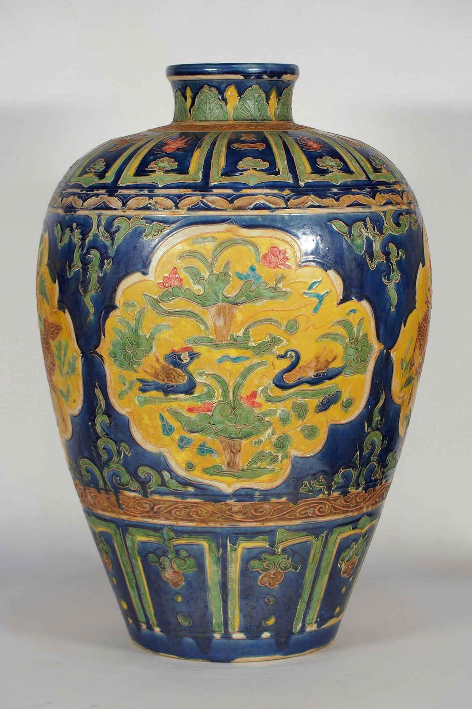 Large Fahua Meiping with Blue Backgound, late Ming: Large and beautiful blue background Fahua meiping with deer, fish and Mandarin ducks design. Height 425mm, 16-2/3"inch