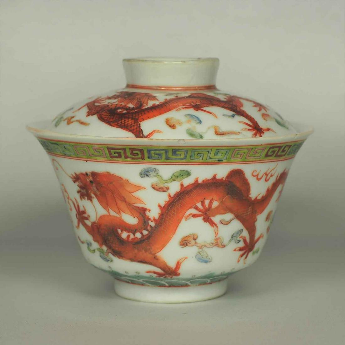 Lidded Tea Cup with Qianlong Mark, Guangxu, Qing: Fine overglaze enamels lidded tea cup with dragon and phoenix on both cup and lid. Diameter 105mm, 4-1/6"inch