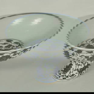 Stembowl with Floral Motif, Xuande Mark, Ming: Exceptional underglaze blue stembowl with floral scroll motif. The dark blue dotted spots were unique charasteristic of Yuan-early Ming's Mohammadan blue from Persia. In Kangxi era, these dark blue do